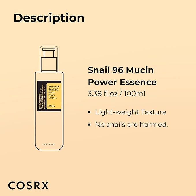 COSRX Snail Mucin 96% Power Repairing Essence 3.38 fl.oz, Hydrating Serum for Face with Snail Secretion Filtrate, Mothers day gifts for mom, Korean Skin Care