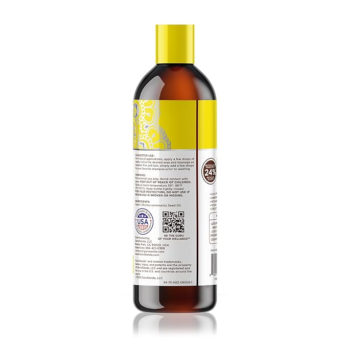 GuruNanda Castor Oil (8 Fl oz), 100% Pure, Cold Pressed & Hexane-Free, Hydrating Carrier Oil, Natural Castor Oil for Hair, Eyebrows & Eyelashes Growth