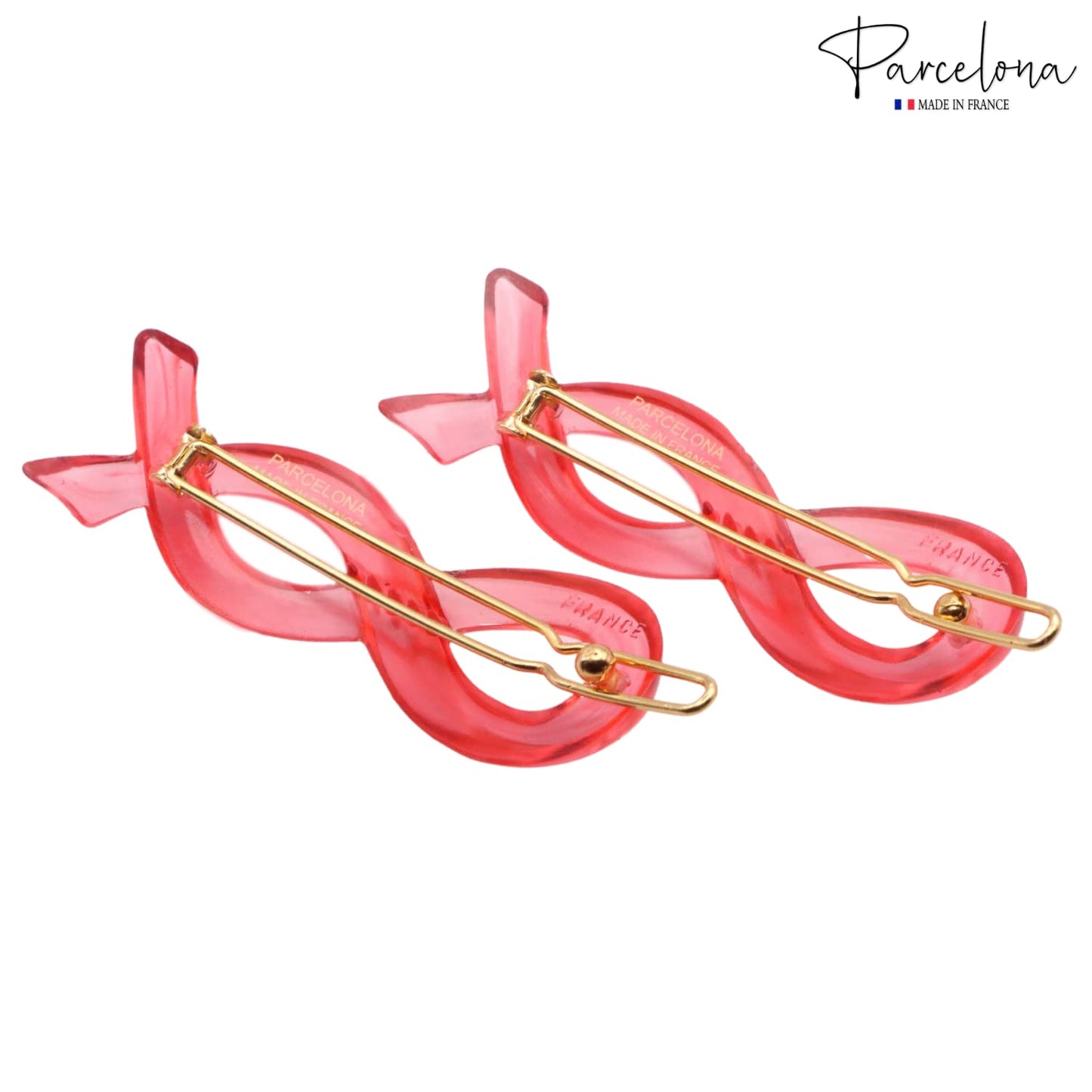 Parcelona French Infinity Ribbon Small 2 1/4" Celluloid French Hair Slides Clips for Women Tige Boule Clasp Girls Side Slide-in Barrette Clip Paris Hair Accessories for Women Strong Hold No Slip Grip Fashion Durable Styling, Made in France (Crystal Pink)