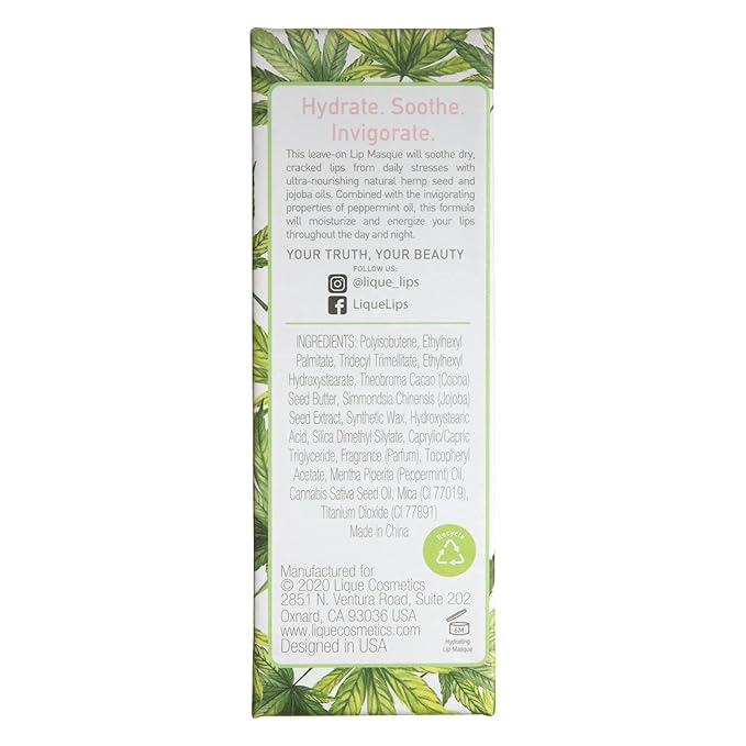 LIQUE Cosmetics Lip Mask for Dry, Cracked Lips, Ultra-Hydrating with a Hint of Color, Hemp Oil, 0.5 Oz.