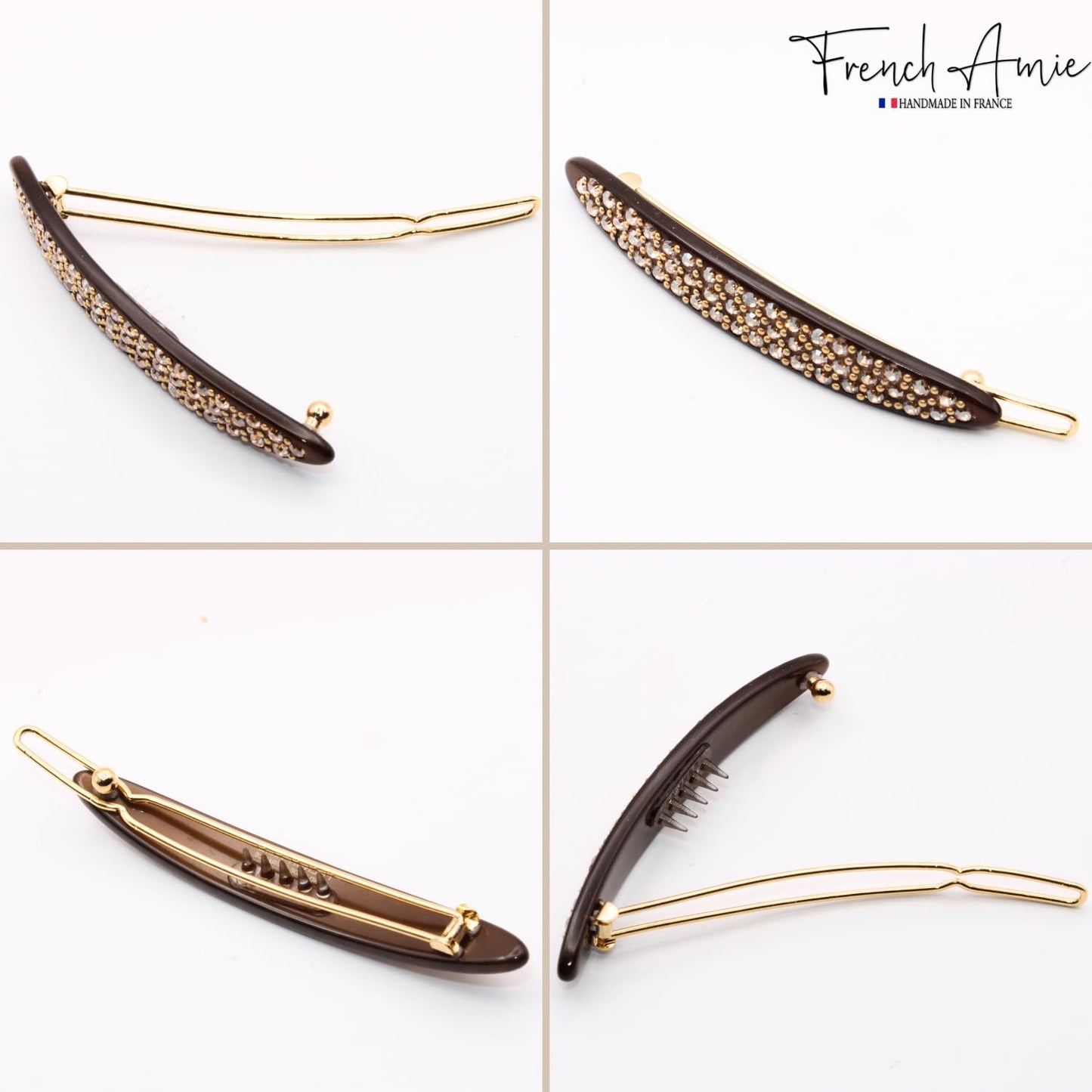 French Amie Narrow Oblong Small 2 1/4" Celluloid Acetate Set of 2 Side Slide In Hair Clip Barrettes with Tige Boule Clasp for Girls and Women, Made in France (Tortoise Shell)