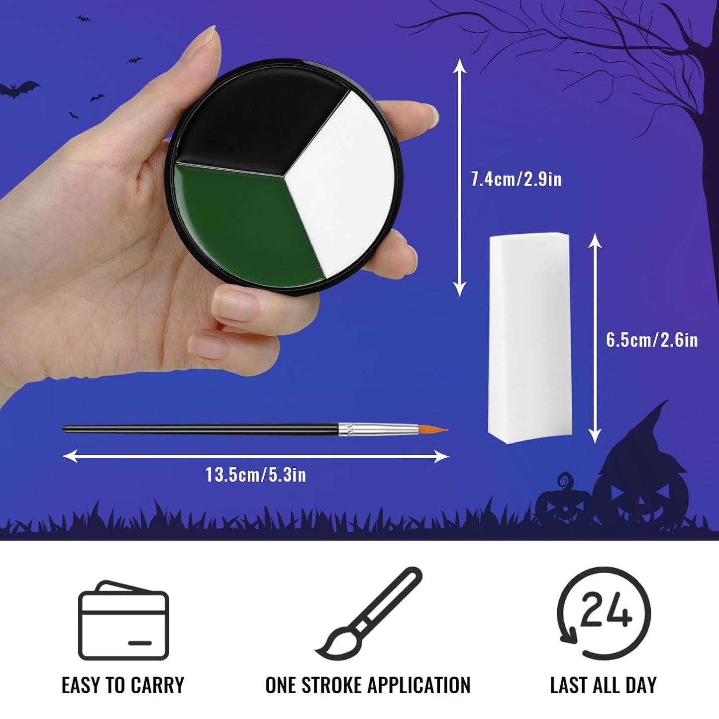 BOBISUKA White Black Green Face Paint + 3PC Sponge + Brush Body Paint Set, Colored Eye Black for Baseball Softball Sport Games, Zombie, Monster Face Painting Kit for Halloween, Cosplay, Costume, SFX Special Effect and Theme Parties