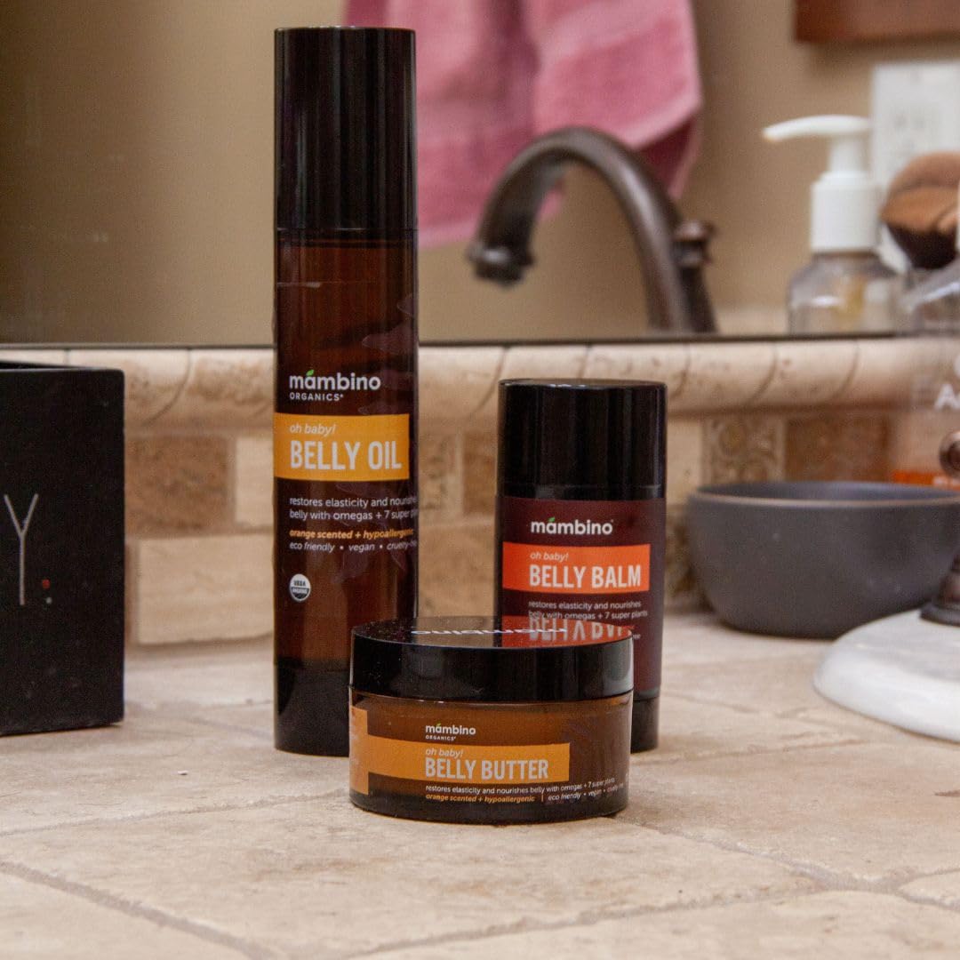 Mambino Organics Oh Baby! Belly Oil for Pregnant Women, Organic Stretch Mark Oil for Pregnancy, Postpartum Skin Elasticity, Hydration, With Tamanu, Shea Butter, Calendula, Vegan, Non-GMO, 4 fl oz