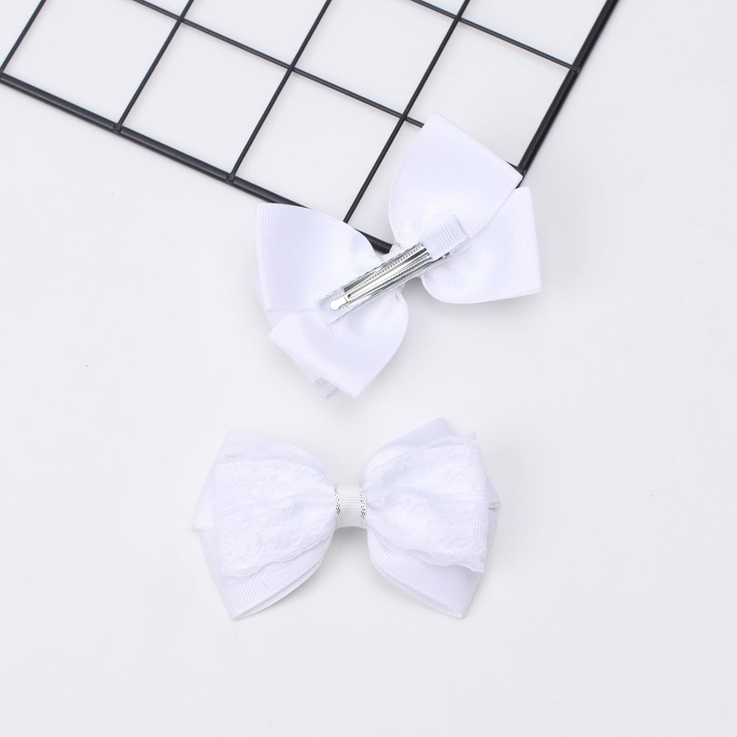4-Inch Hair Bows Alligator Clips Delicate Lace Hair Accessories for Girls, Toddler, Kids and Women Daily Dress Up Birthday Wedding Christmas Occasions- Set of 2 (White)
