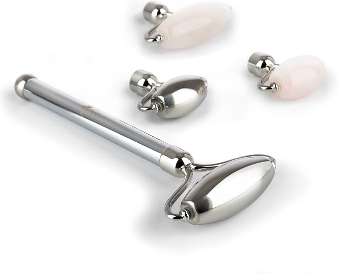 Stainless Steel Ice Roller & Rose Quartz Facial Set | Luxury Skin Care Tools for Lymphatic Drainage, Product Absorption, Skin Tightening, & Relaxation