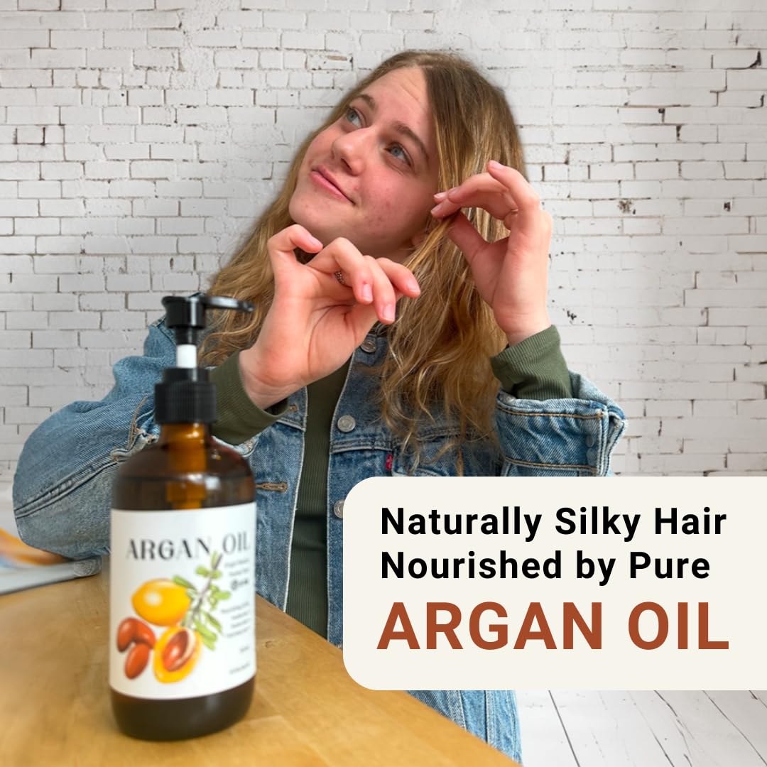 Argan Oil for Hair Growth Oil 8oz (Aceite de Argan) - 100% Pure Cold Pressed Moroccan Oil with Pump - Suitable for Colored & Damaged Hair - Argan Oil for Face, Body Oils, Nail & Scalp
