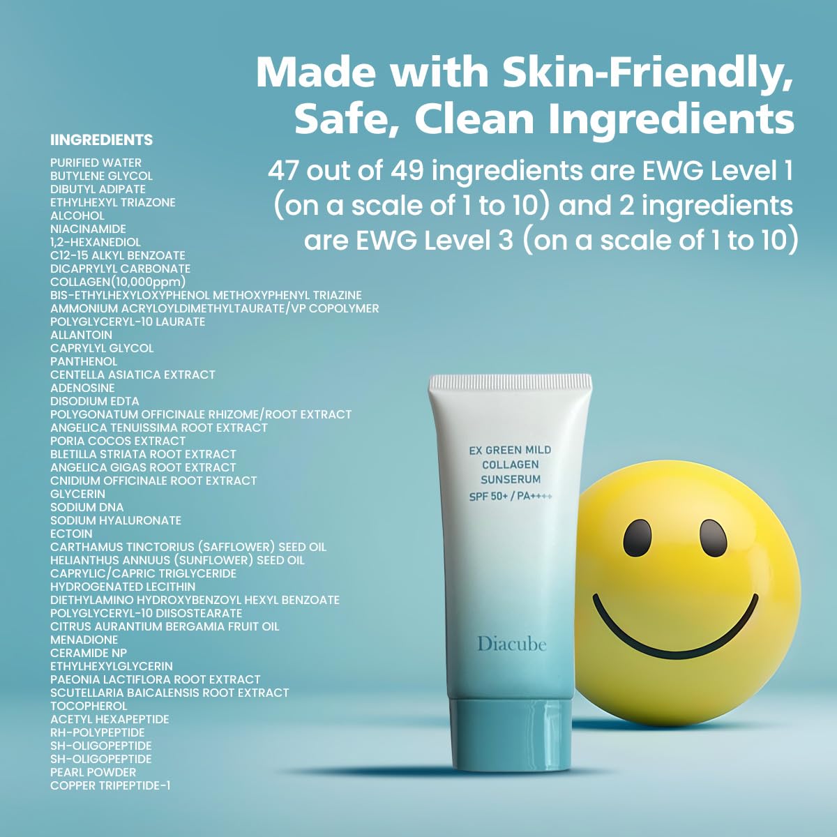 EX Green Mild Collagen Daily Sun Serum, 2.03 Fl Oz SPF 50+ PA++++ | No White Cast | Lightweight Sunscreen Moisturizer | Skin-Friendly, Safe, Clean Ingredients | Lotion-Like Texture | K-Beauty