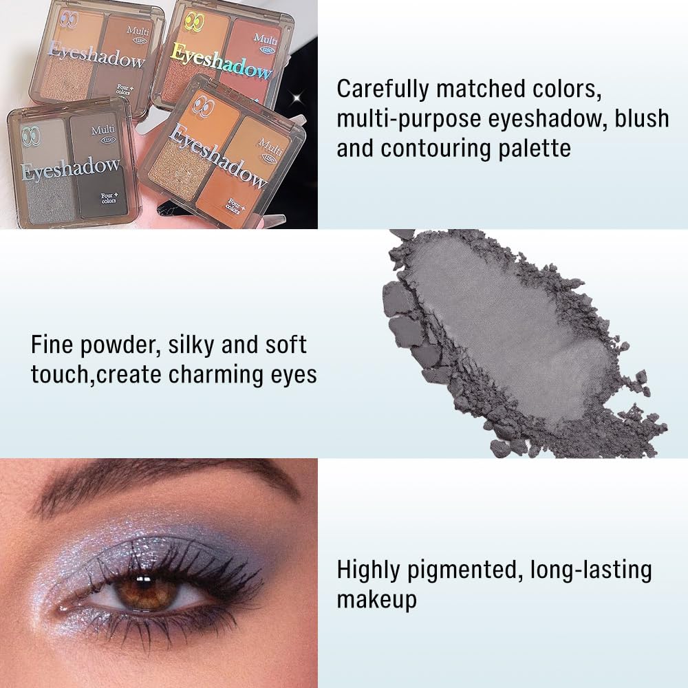 Eyeshadow Quads Smoked Blendable Glitter Matte Eyeshadow Palette,Light Grey Silver Black Sparkly Four Eyeshadow Palette Makeup,Everyday Nature Long-Lasting Waterproof Smokeds Women Girls Eyeshadow 4#