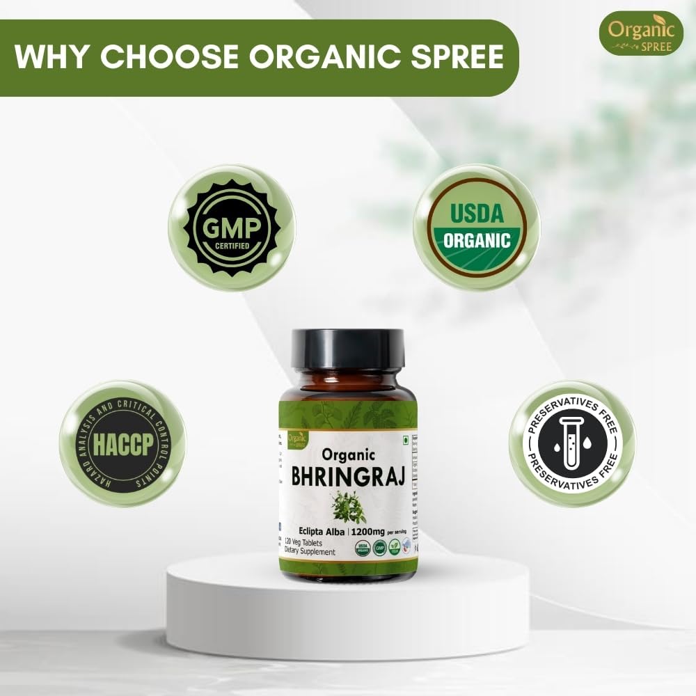 Bhringraj 120 Tablets | Eclipta Alba (Bhringraj) | USDA Organic Certified | Ayurvedic Hair Care | Organic and Natural 120tab