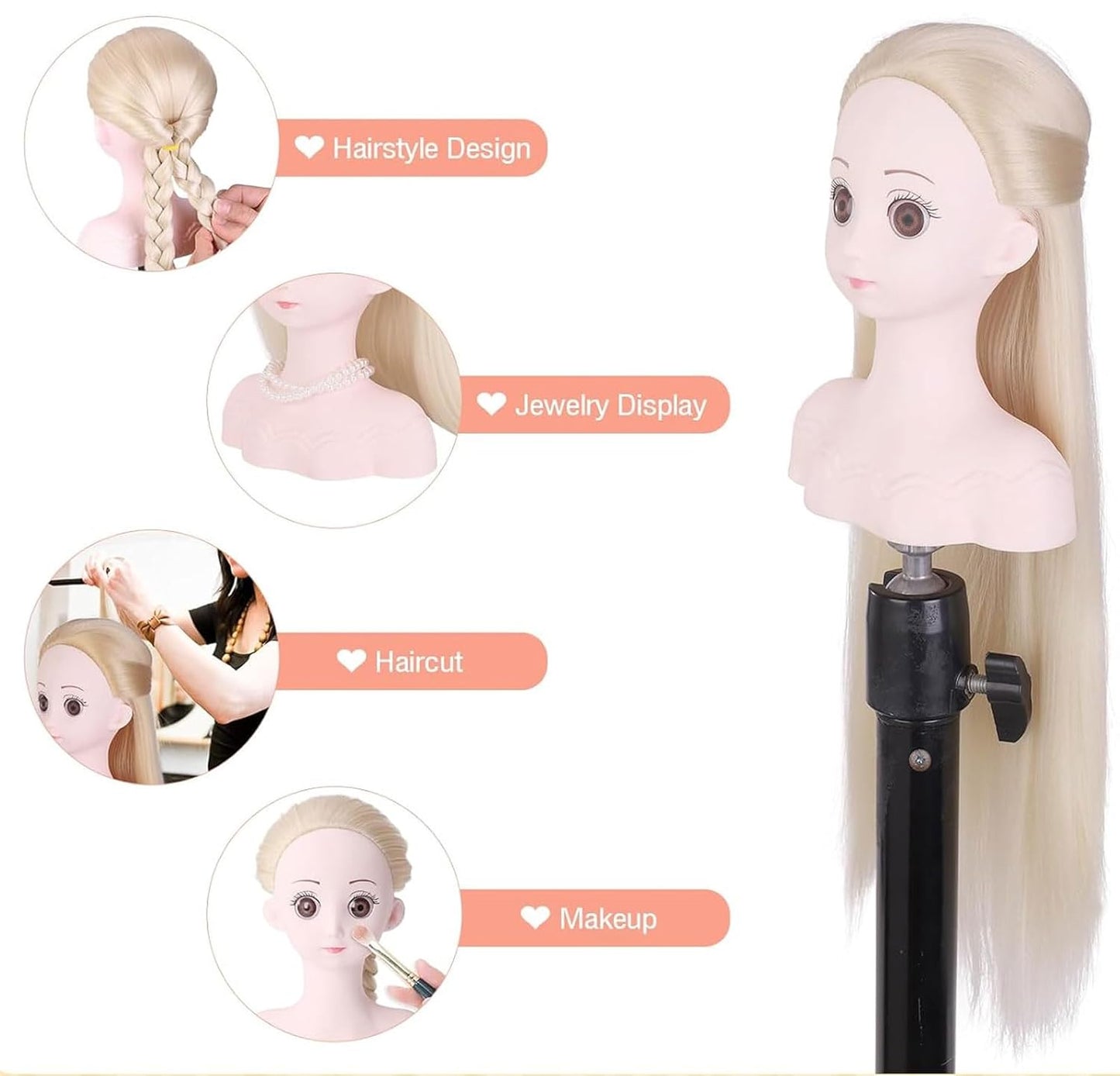 Small Doll Head For Hair Styling,Mini Synthetic Mannequin Head,Doll Head With Clamp Holder & Tools, Practice Doll Head For Hair Braiding,Styling and Cutting with Two Bows (Light purple)