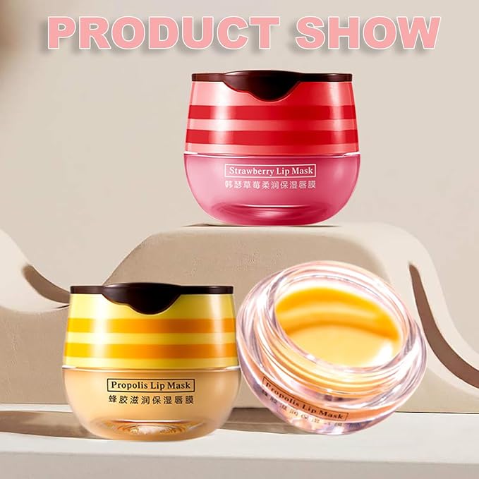 2PCS Strawberry & Honey Lip Balm, Hydrating Propolis Sleeping Mask, Moisturizing & Prevention of Dry and Cracked Skin, Scrubs Exfoliator, Repair Nourishes the Lip