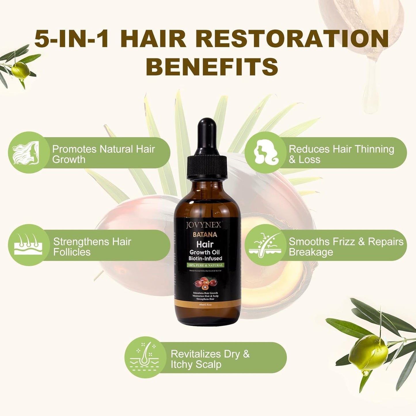 Batana Organic Oil with Biotin for Hair Growth, 2 FL OZ Pure Natural Oil for Hair Treatment Thicker, Fuller Hair DHT Blocker Scalp Nourishment Repairs Dry & Damaged Hair, Prevents Hair Loss