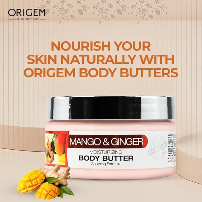 ORIGEM Body Butter for Dry Skin – Ultra-Nourishing & Hydrating Cream with Mango, Ginger, Argan Oil, Shea Butter & Honey – Moisturizer for Smooth, Glowing Skin – 8 Oz