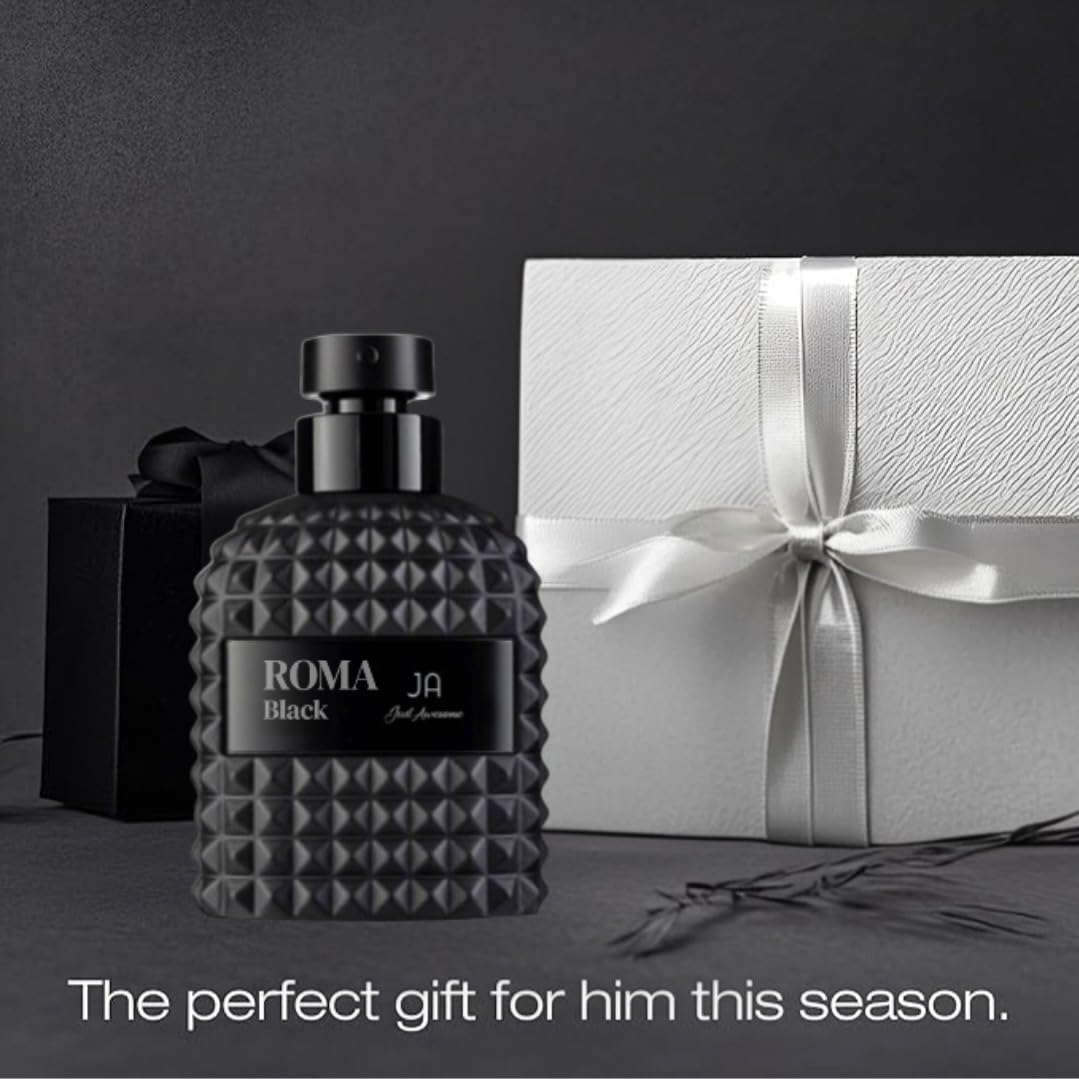 ROMA BLACK Cologne For Men - Spicy & Woody Fragrance EDP - Top Notes - Sweet Red Apple, Cardamom & Calabrian Bergamot - Base Notes - Warm Tobacco Leaf, Patchouli & Vetiver - Elegant 100ml Bottle.