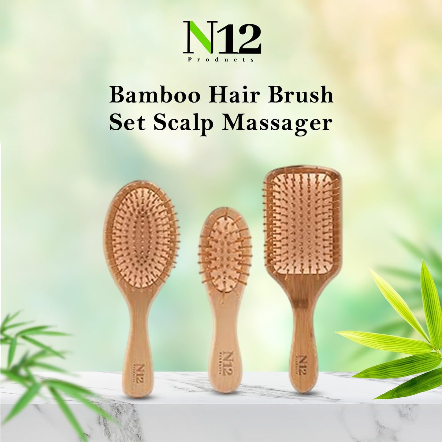N12 Set of 3 Bamboo Wooden hairbrush for Women Men and Kids - Anti-Static Comb for Scalp Massage, Detangling Styling Frizz Control Breakage Reduction, Knot-Free Curly Thick Long Fine Dry Wet Hair
