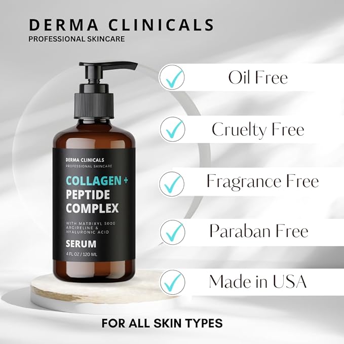 Collagen Peptide Serum with Matrixyl 3000 + Argireline, Hyaluronic Acid Serum, Anti-Aging Collagen Face Serum, Firming and Plumping, Anti-Wrinkle Serum for face - 4oz