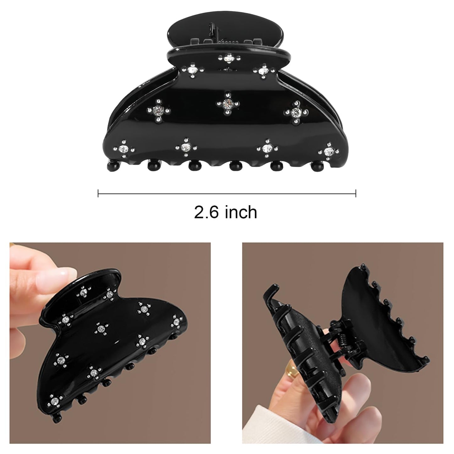 Medium Rhinestone Hair Claw Clips for Women Girls, 3 Pack Sparkling Jaw Clip, Strong Hold Non-Slip Hair Claw Acrylic Hair Clips for Thick Thin Hair - Black, White and Tortoise