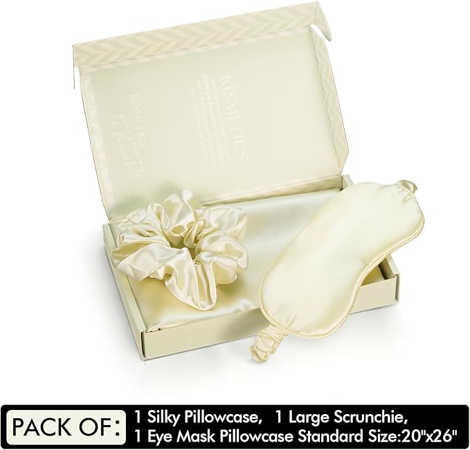 Vegan Silk Sleep Set, Silky Pillowcase with Large Scrunchie and Eye Mask for Hair and Skin, Self Care Essential Satin Night Routine Kit (Light Yellow Color)
