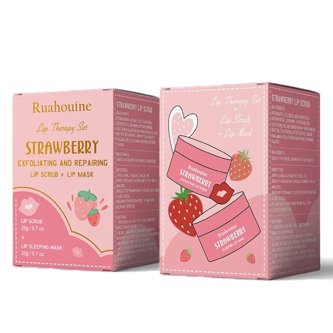 Strawberry Lip Scrub And Mask Set, Lip Scrub Kit, Lip Scrub Set, Sugar Lip Scrub Exfoliator, Lip Scrub For Dark Lips To Lighten, Lip Care Kit, Sleeping Lip Mask, Lip Mask Pack, 1.4 oz / 2-piece