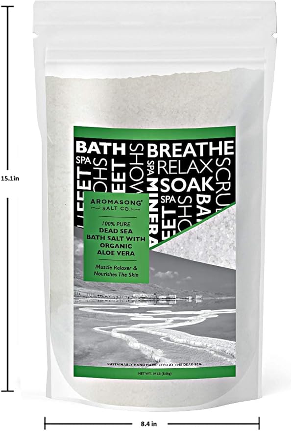 Dead Sea Salt with Organic Aloe Vera, Spa Bath Salts, 19 Lbs Fine Bulk resealable Pack, 100% Pure & Natural, Soak for Women & Men for Tired Muscles & Skin Issues (Packaging May Vary)