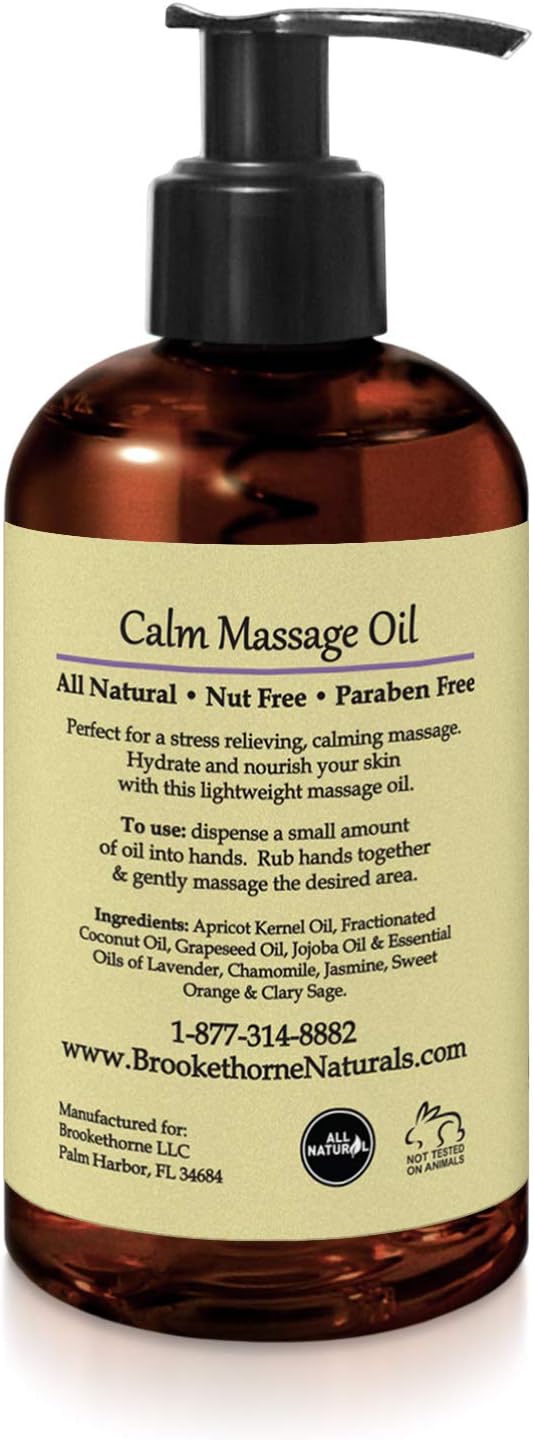 Calm Massage Oil for Massage Therapy with Lavender & Chamomile Essential Oils to Relax Sore Muscles | All Natural with Coconut, Grapeseed & Jojoba for Smooth Skin | Brookethorne Naturals 8oz