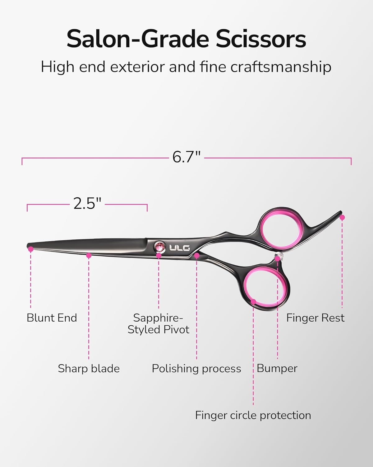 ULG Hair Cutting Scissors, Professional Hair Scissors 6.5 inch Right-Hand Razor Edge Barber Shears Salon Hair Cutting Shears Made of Japanese Stainless Steel, Hand Sharpened Black