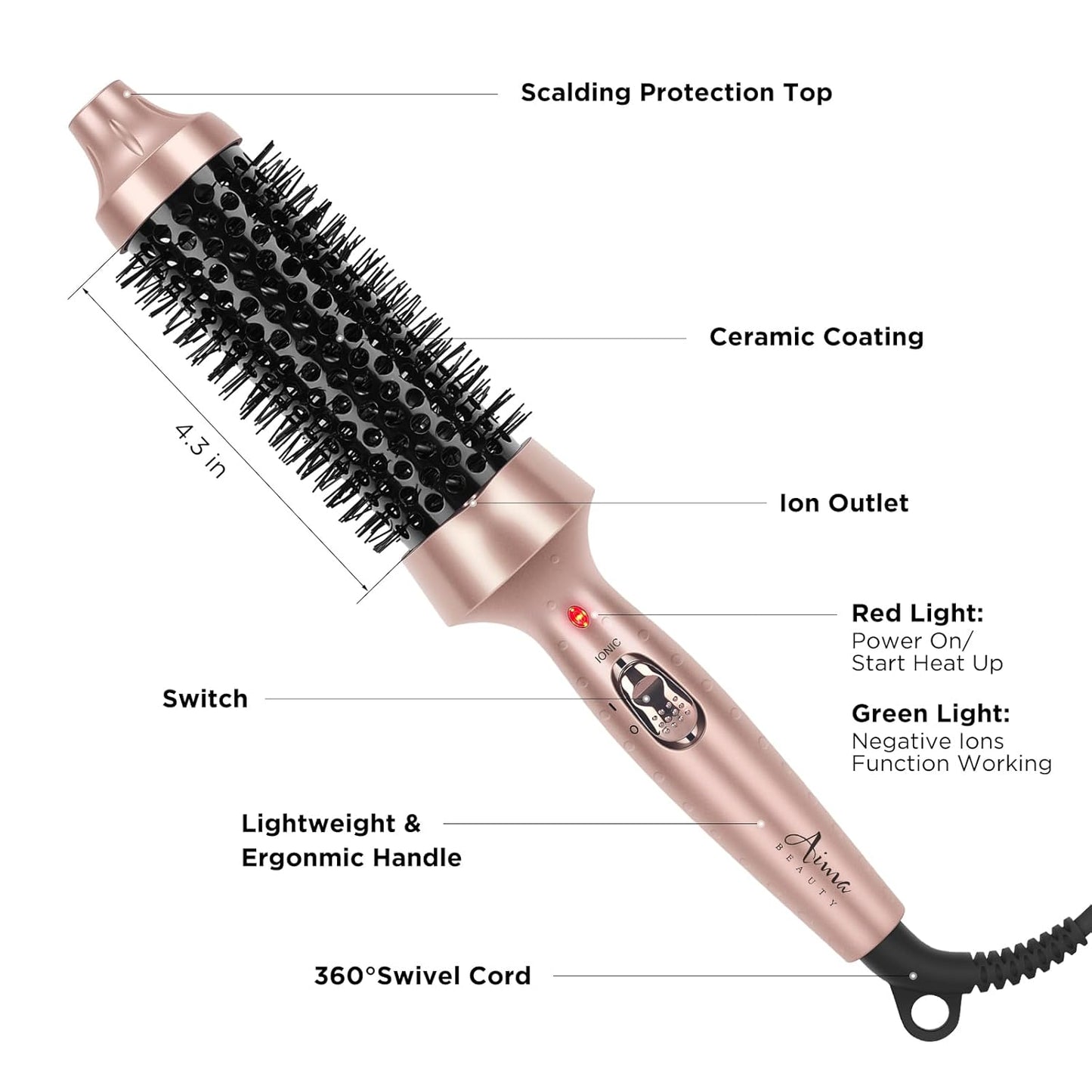 Aima Beauty Hot Brush, 1.3"/35mm Heated Curling Brush Makes Hair Smoother, Softer, Thermal Brush Get Natural Curls, Easy to Use, 30S Fast Heating, Dual Voltage & 60 Mins Auto-Off, Gold