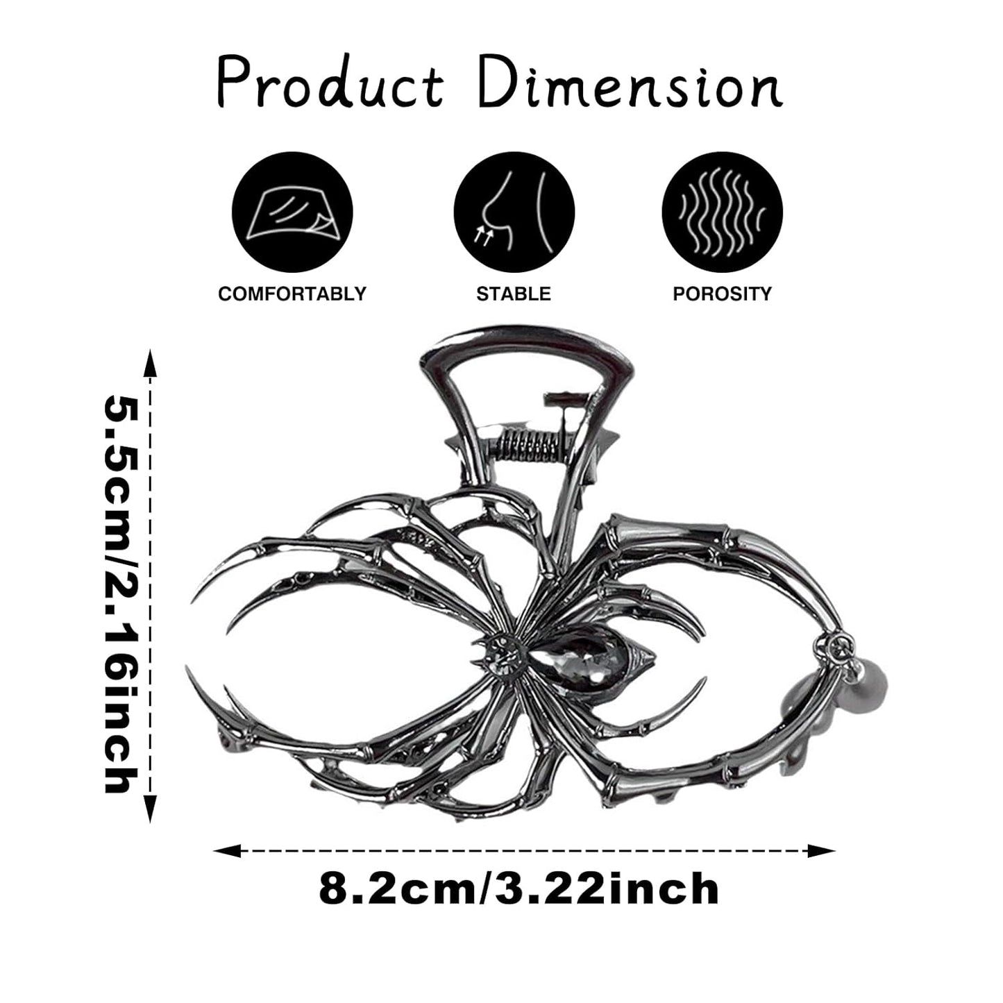 Halloween Spider Hair Claw Clips - Metal Black Alloy Nonslip Strong Hold Jaw Clips - Punk Gothic Spider Style 3