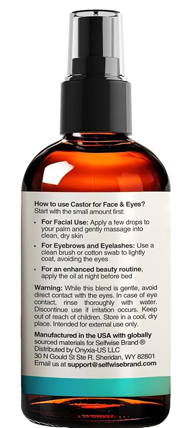 Organic Castor Oil For Face Moisturizer, Eyes, Eyelashes, Eyebrows, Wrinkles with Jojoba, Rosehip, Grapeseed, Squalane, Palmarosa, Bergamot and Vitamin E for Sensitive Skin, Men & Women 2oz