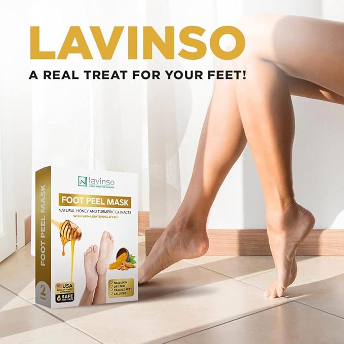 Lavinso Honey Feet Peeling Mask for Dry Cracked Feet - 4 Pack - with Kojic Acid Skin Brightening Effect - Exfoliating Dead Skin and Calluses - Foot Peel Mask for Baby Soft Feet