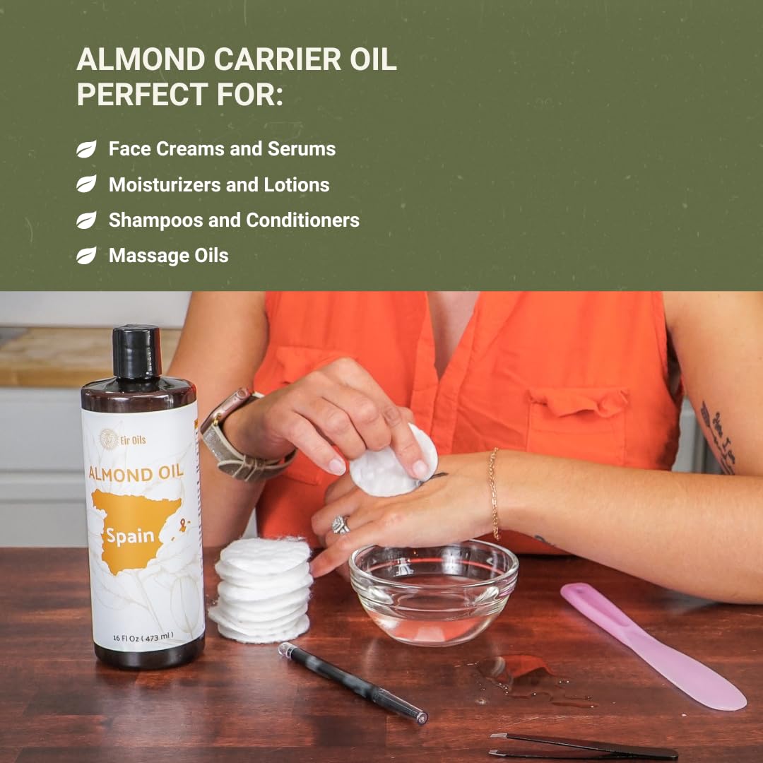 Sweet Almond Oil (16 oz) - for Skin and Hair - Carrier Oil for Essential Oils Mixing - From EIR Oils' Farm in Mallorca, Spain - 2 Packs