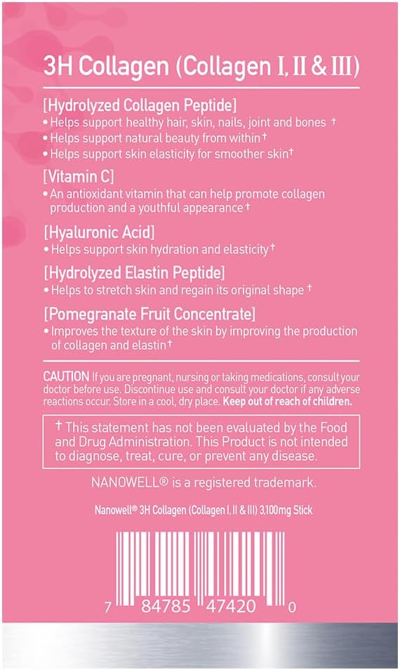 3H Collagen Peptide 60 Sticks X 5 Boxes for 5 Months - I, II, & III with Vitamin A,C, E Hydrolyzed Elastin Peptide and Hyaluronic Acid - Hair, Nail, Skin, and Joint Support (300 Count)