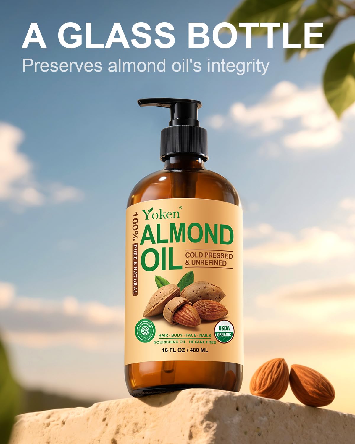 Organic Almond Oil 16 fl oz, USDA 100% Pure Cold Pressed Almond Oils in Glass Bottle, Natural Moisturizer for Face, Hair & Body, Ideal Carrier Oil for Skin Care, DIY Beauty & Soothing Massage
