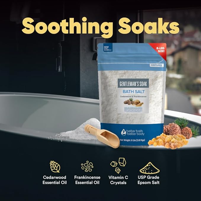 Gentleman's Bath Salt 128 Ounces Epsom Salt with Natural Cedarwood, Frankincense, Eucalyptus and Peppermint Essential Oils Plus Vitamin C in BPA Free Pouch with Easy Press-Lock Seal