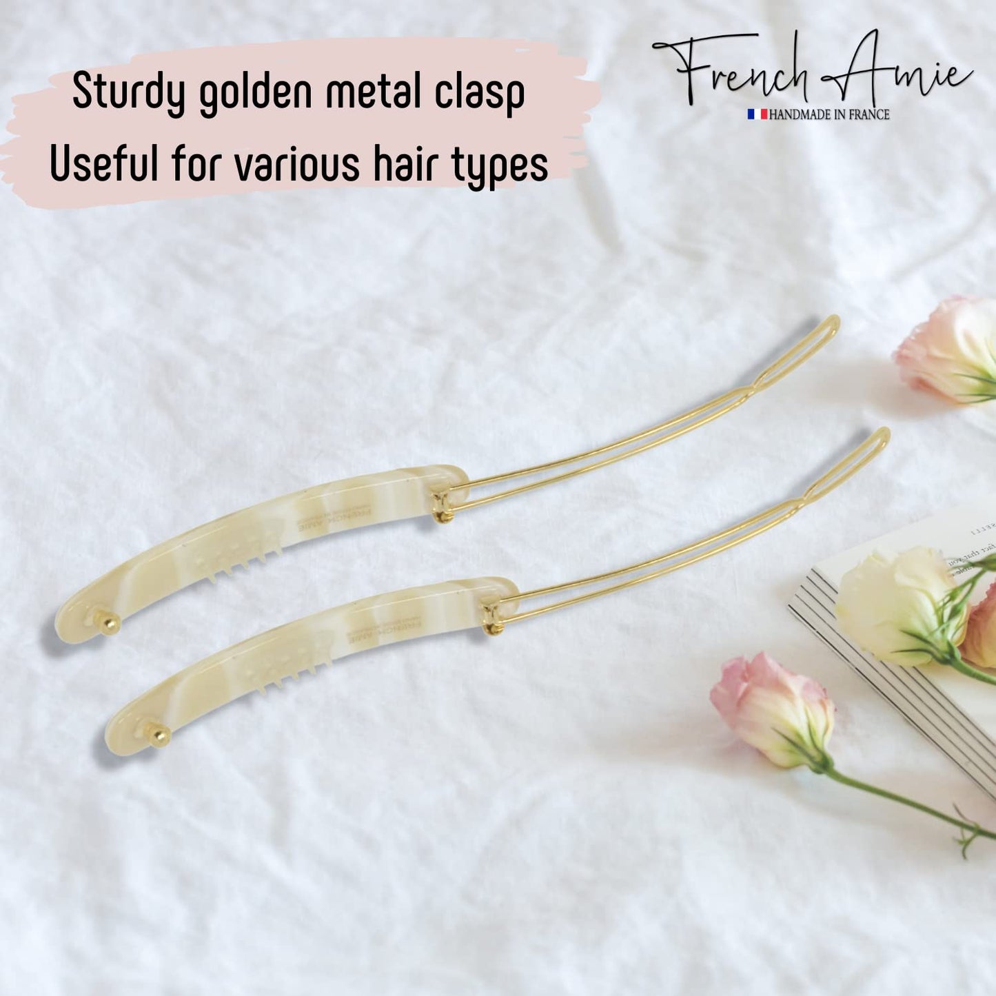 French Amie Rounded Oblong Small 2.5" Cellulose Set of 2 French Hair Clips Tige Boule Handmade Girls Side Slide-in Hair Barrette Clip (Cream Ivory)