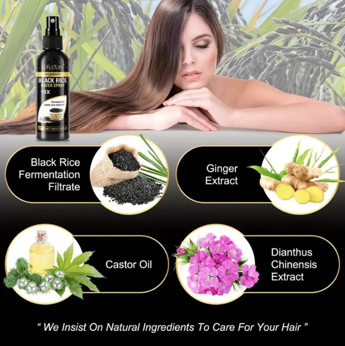 Organic Black Rice Water Spray for Hair Growth, with Castor Oil & Ginger Root Extract for Thicker, Fuller Hair, Helps in Hair Loss and helps Repair Damage 100ml/3.2 fl. Oz (1 PC) - ActivePur