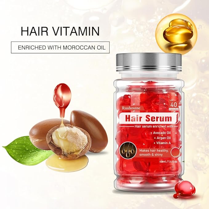 Hair Styling Serum Oil for Frizzy & Dry Hair, Hair Treatment Serum - no Rinse with Argan Macadamia & Avocado Oils - Vitamins A, E, Pro B5 - Conditioner for Women & Men 40 Capsules