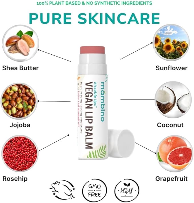 Mambino Organics Kissable Lips Glossy Vegan Lip Balm, Juicy Red Grapefruit, 7 G, 3 Pack