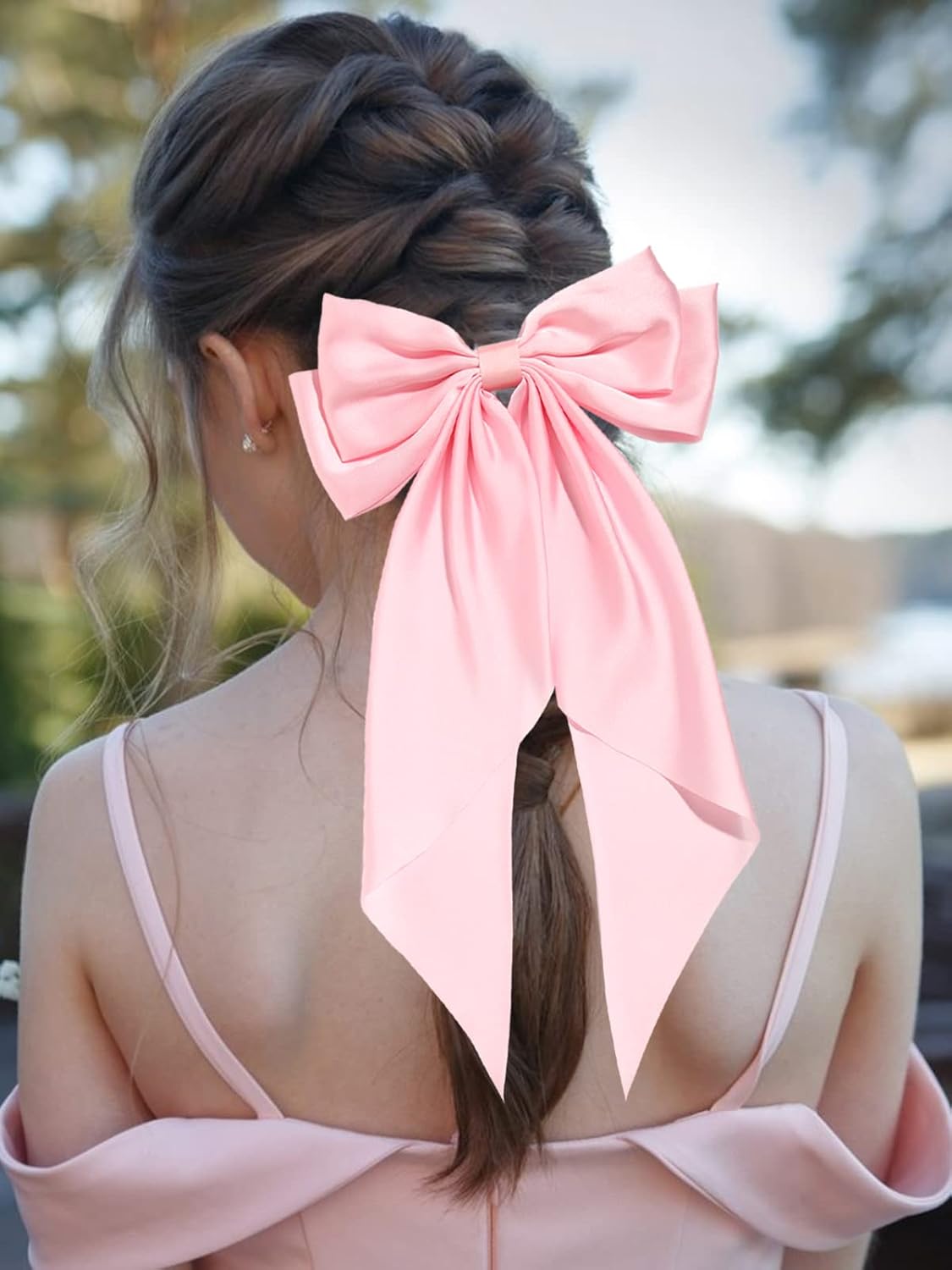 LFOUVRE Women Big Bow Barrette, Pink Hair Bow Hair Clip for Girls with Long Ribbon, Bowknot Hairpin for Party, Everyday Wear, Special Occasions, Gifts for Women