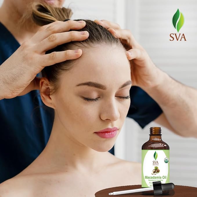 SVA Macadamia Seed Oil Organic - 4 Fl Oz – 100% Natural Cold Pressed Organic Macadamia Oil - for Face, Skin Care, Hair Care, Scalp Massage & Body Massage – Carrier Oil with Dropper