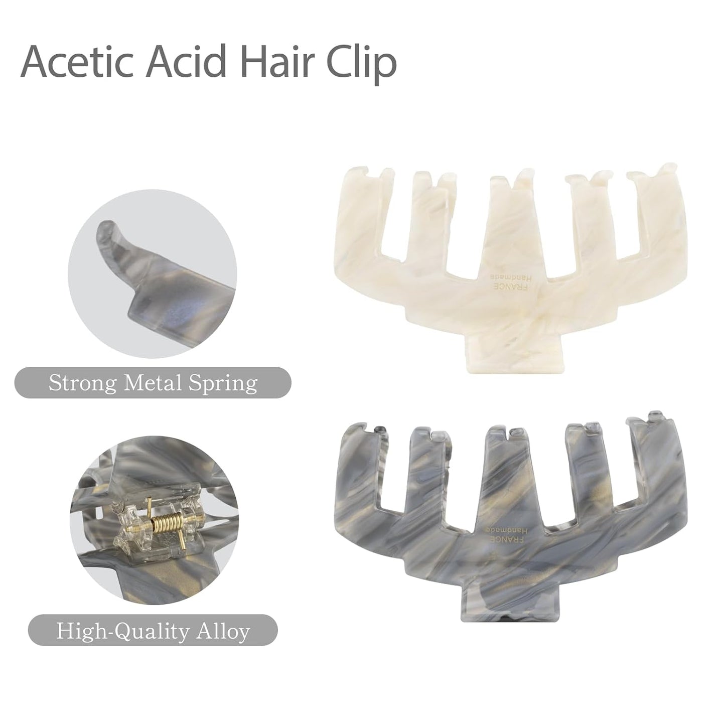 2 Pack French Handmade Marble Acetate Claw Clips, Cream & Gray Large Hair Claw Clips for Thick Hair, Luxury Hair Accessories