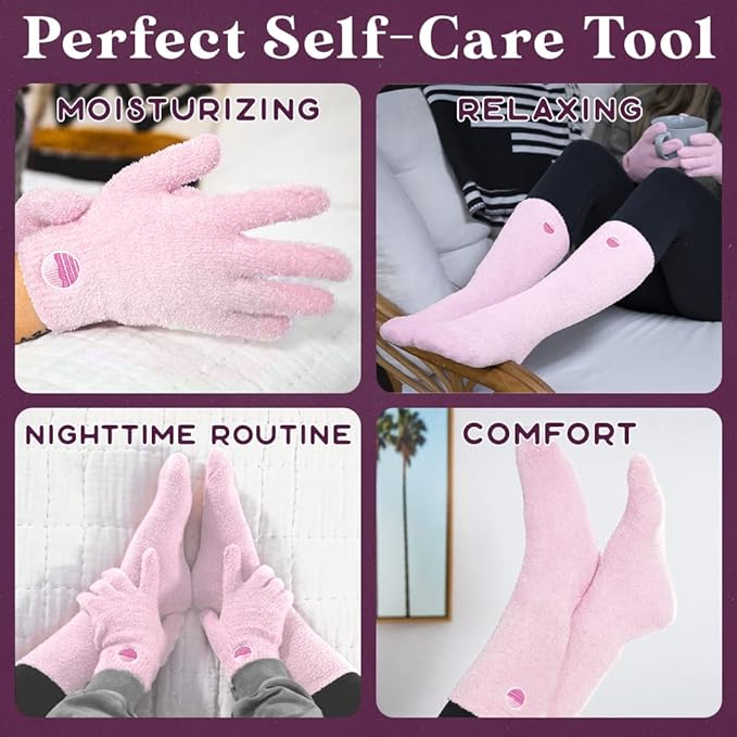 Moisturizing Socks and Gloves Set | Pink Fuzzy Socks and Gloves with Aloe and Vitamin E for Women | Women's Gifts for Self-Care