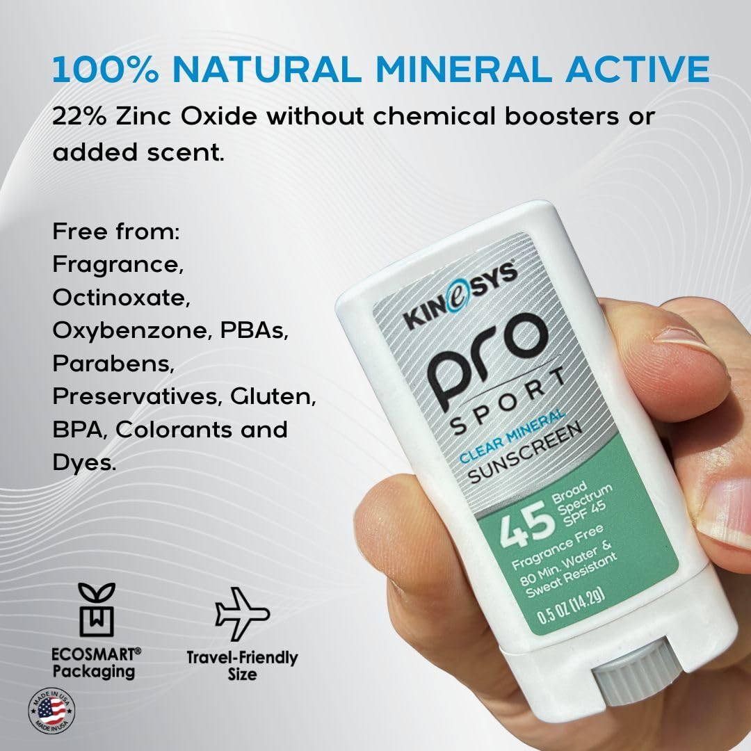 KINeSYS Pro Sport Clear Mineral Sunscreen Stick SPF 45 | SPF Stick Sunblock for Adults & Kids | Broad Spectrum Sun Protection | Water Resistant Travel Size Sunscreen for Face, Body & Vacation | 0.5 Oz
