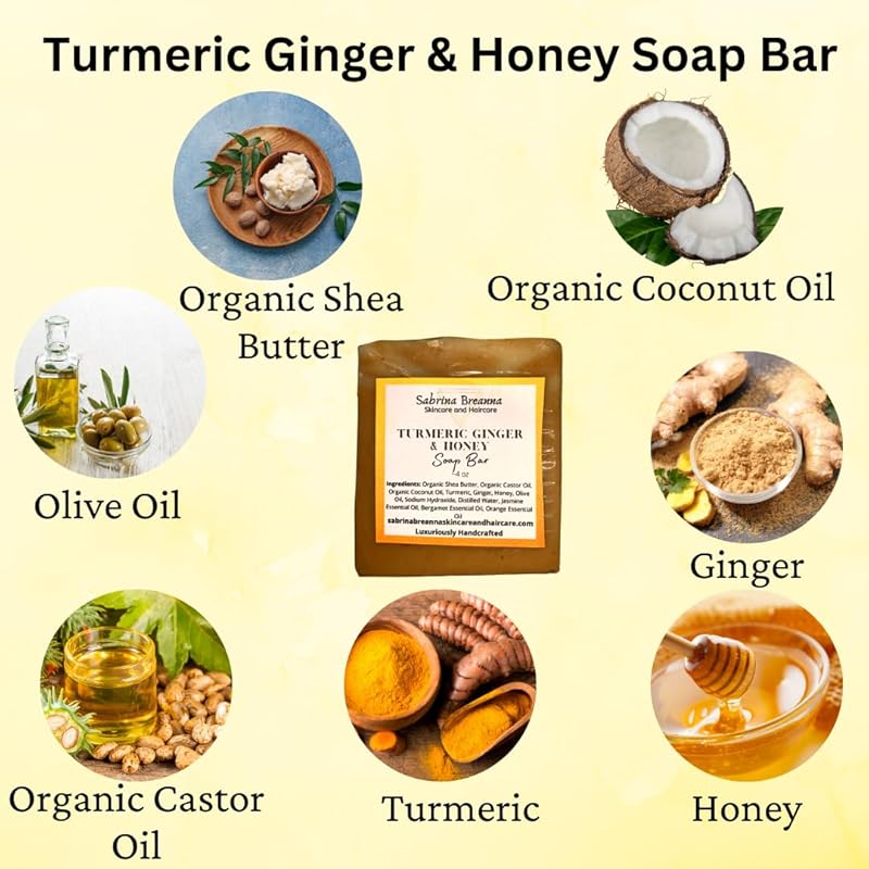 Turmeric Ginger and Honey Soap Bar Natural and Handmade Multi Bar Bundle | Gentle Cleanser for Face and Body | Help Fade Dark Marks (Turmeric 5 Bars)