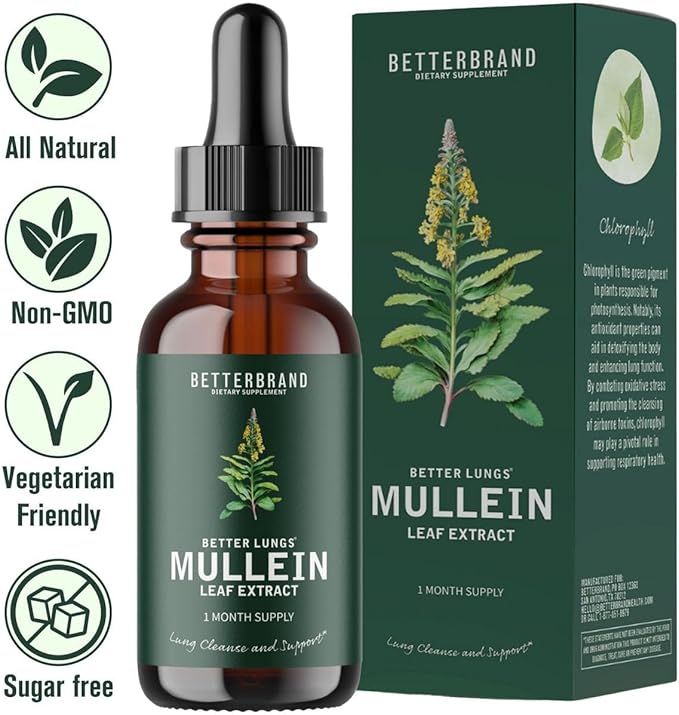 Betterbrand BetterLungs Mullein Leaf Extract - Supports Respiratory Wellness and Overall Lung Health - Natural Supplement, Tincture Drops | Non-GMO, Vegetarian | 1 Month Supply