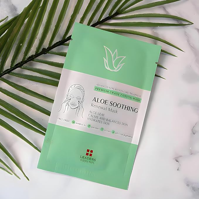 Leaders Insolution Aloe Soothing Skin Renewal Mask | Organic Aloe Leaf & Cactus Extract Hydrating Facial Treatment for Sensitive, Dry, Acne-Prone Skin | UV Repair & Hydration Boost (5 Sheets)