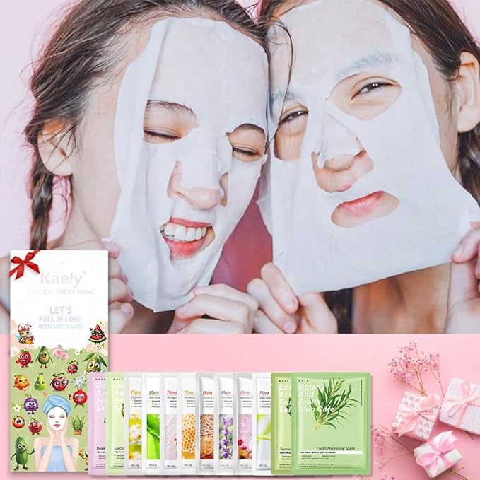 12 Pack Various Plants Face Sheet Mask Skincare,Hydrating Face Mask For Sensitive Skin,Moisturize,Soothing,Nourish for All Skin Types,Natural Spa Party Facial Mask Skincare Set for Women Men Girls