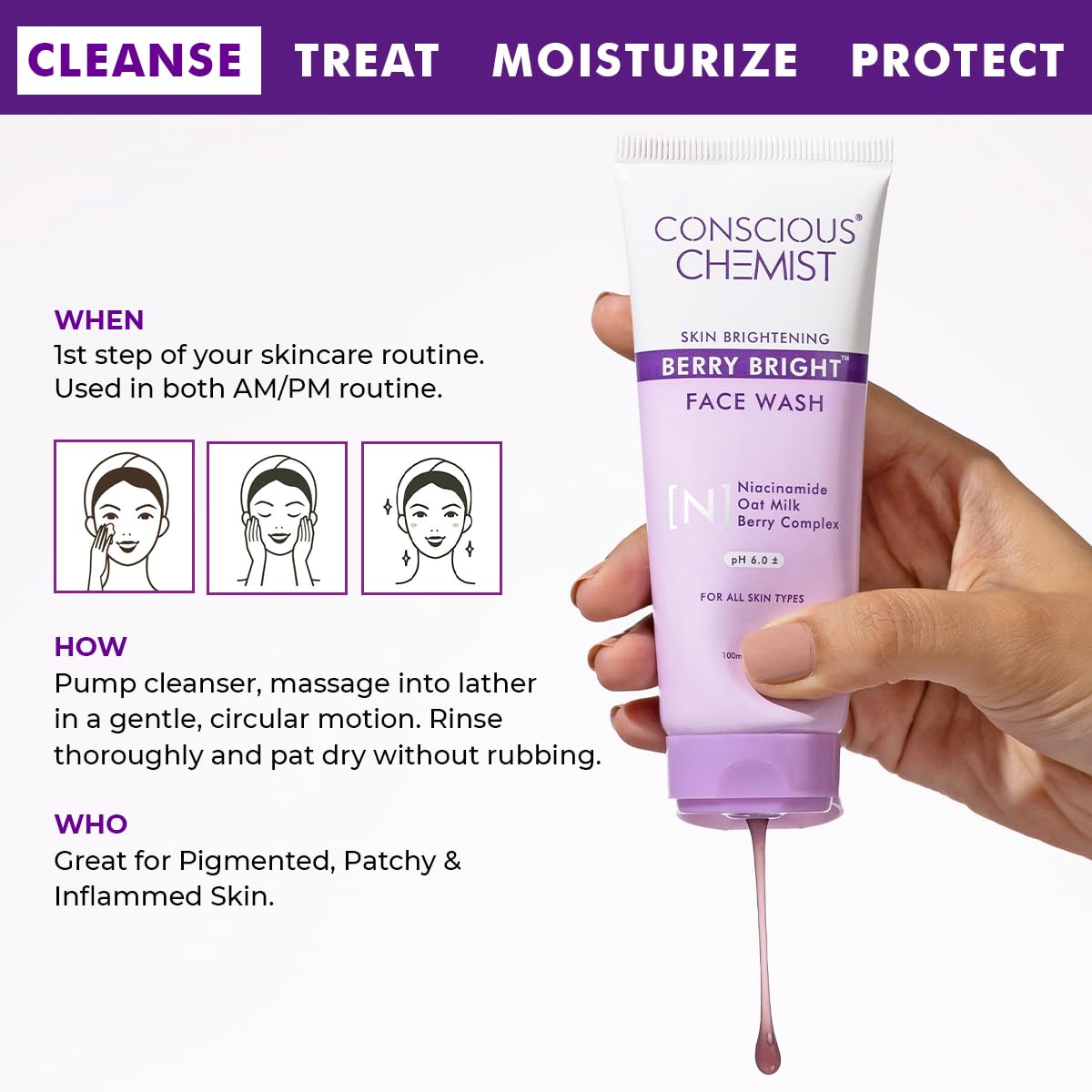 Conscious Chemist® Niacinamide Face Wash | 100ml | Pore Refining & Brightening Cleanser for Men & Women | With Blueberry & Açaí Berry Extracts | All Skin Types | Gentle & Cruelty-Free – Berry Bright