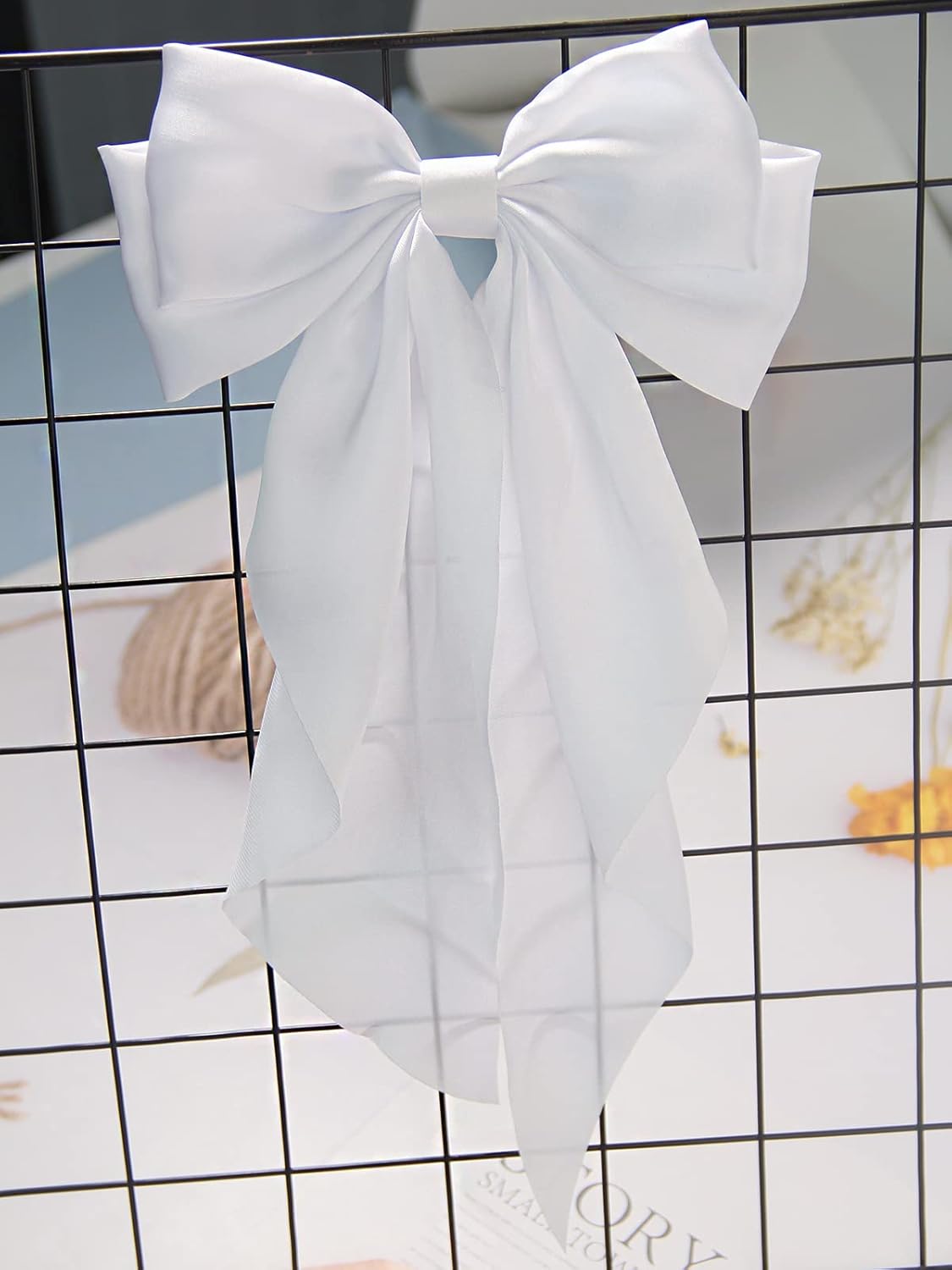 Hair Bows for Women Girls - Furling Pompoms 3pcs Big Bow Hair Clips Ribbon Hair Bow Ponytail Accessories, Holiday Party Back to School (White/Beige/Apricot)