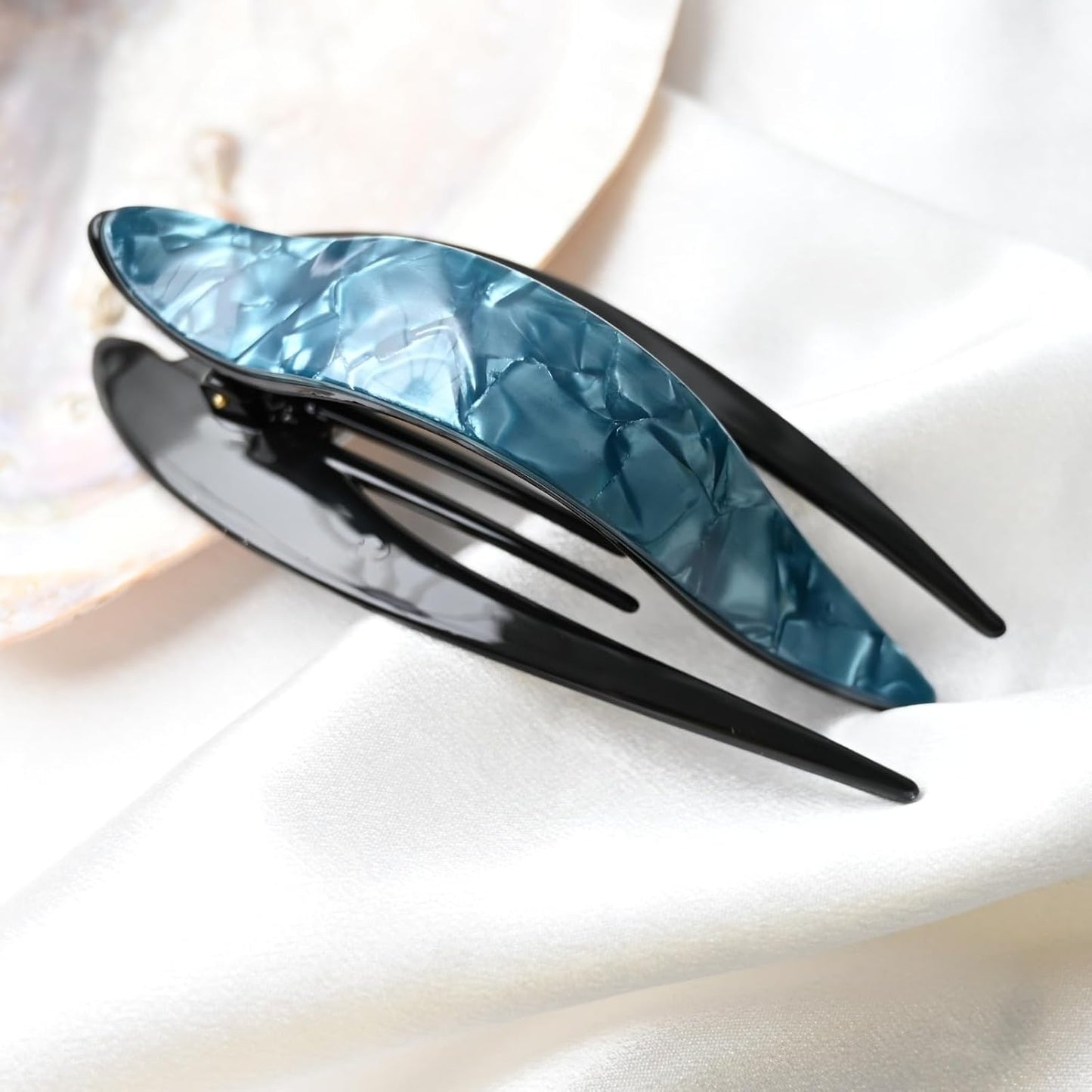 Handmade Celluloid French Design Tortoise Shell Barrettes Side-slide Opening Duck Luxury Fashion Accessories Hair Clip Claw for Women (bluegreen)